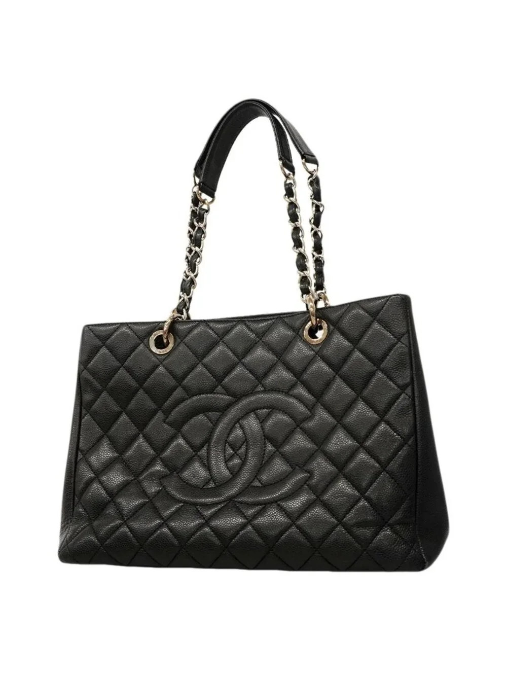 Chanel Chain Tote Quilted Caviar Leather Black Silver